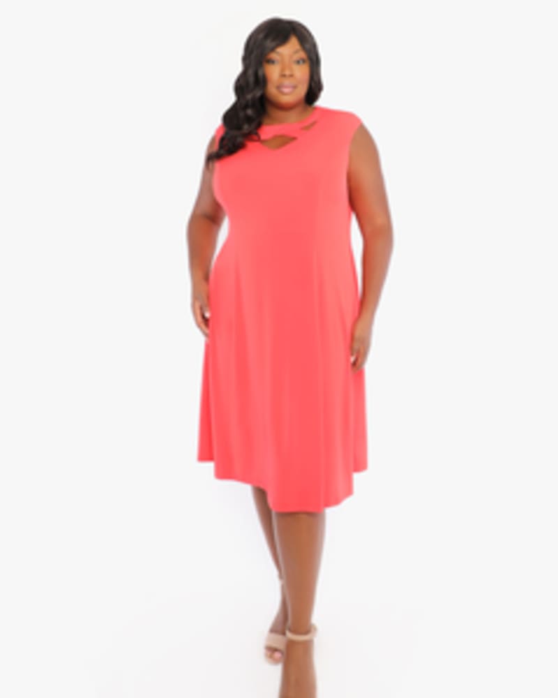 Front of a model wearing a size 14W Katie A-Line Dress in CORAL by London Times. | dia_product_style_image_id:254927